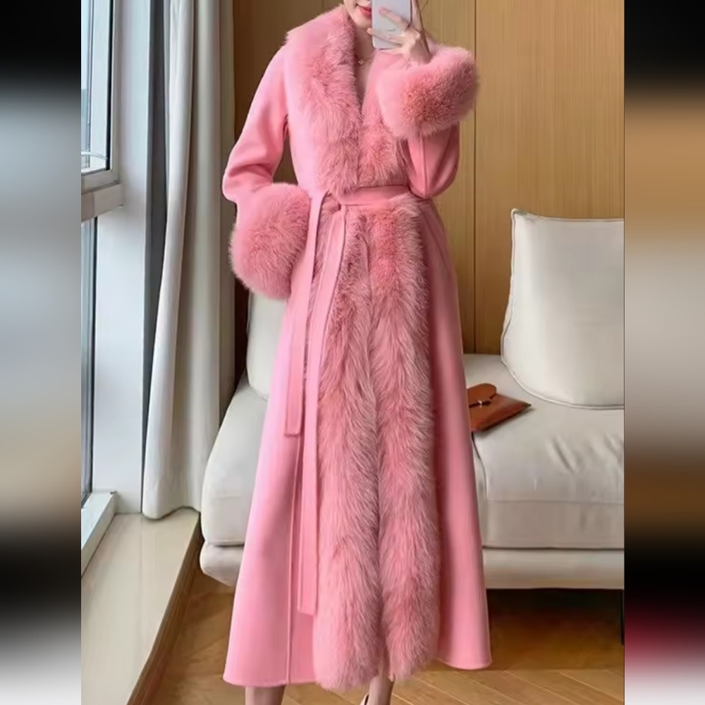 Winter New Women Elegant Solid Faux Fur Collar Woolen Coats Lady Thick Warm Pink - Picture 1 of 6